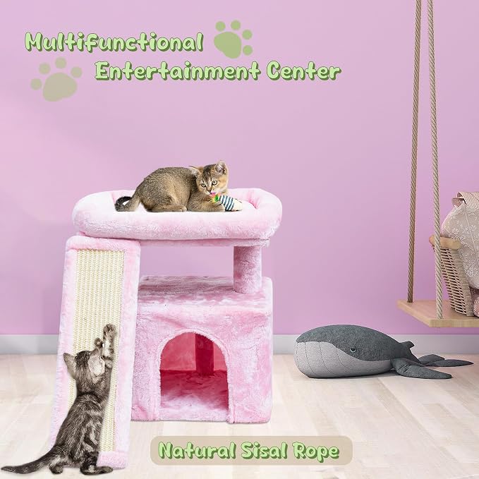 Small Pink Cat Tree for Indoor Cats, Cute Cat Tower with Perch, Condo, House and Stable Stand for Kittens & Adult Pets（Pink）