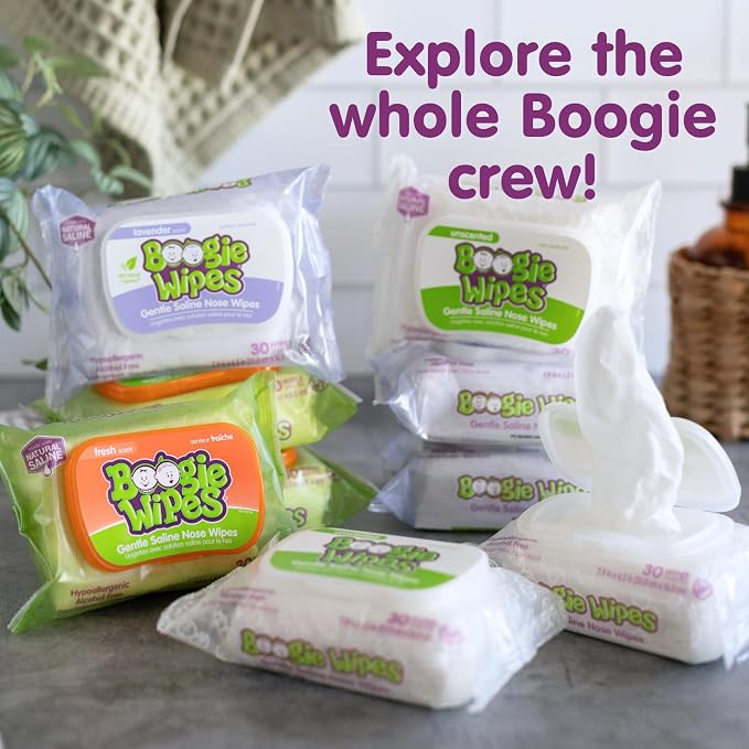 Boogie Wipes Gentle Saline Nose Wipes - 90 Count - Fresh Scent, Hypoallergenic & Alcohol-Free - Allergy Relief - Made with Natural Saline, Aloe, Chamomile & Vitamin E - Diaper Bag Essential