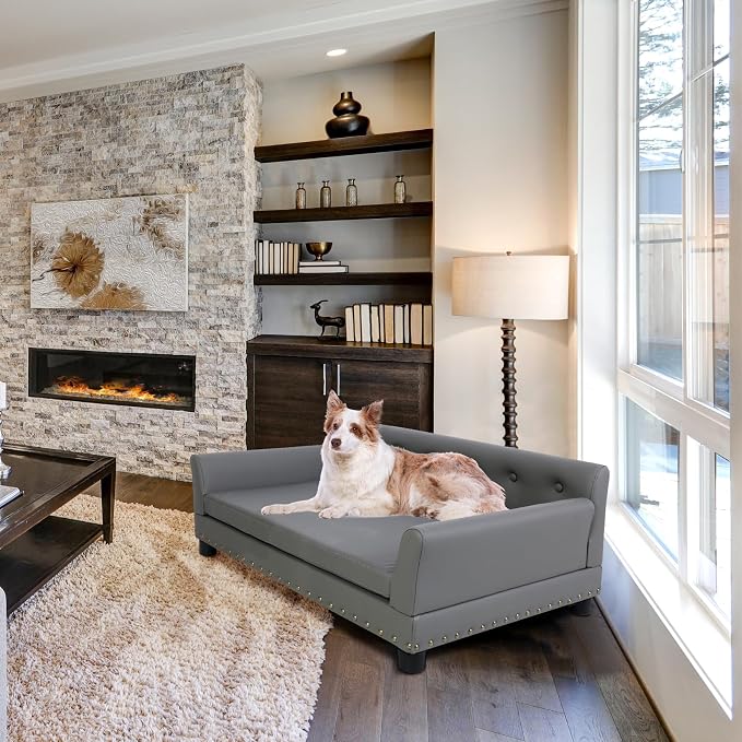 Large Leather Dog Sofa: Scratch Resistant Pet Couch up to 77lbs | Luxury Modern Indoor Large Dog Furniture, Elevated Wooden Frame Doggie Lounge Bed, Replaceable Cover, Easy Clean, Gray