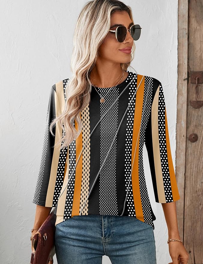 LOMON 3/4 Length Sleeve Womens Tops Spring Summer Fashion 2026 Tops Crew Neck Pleated Shirts Tunic Top Loose Fit