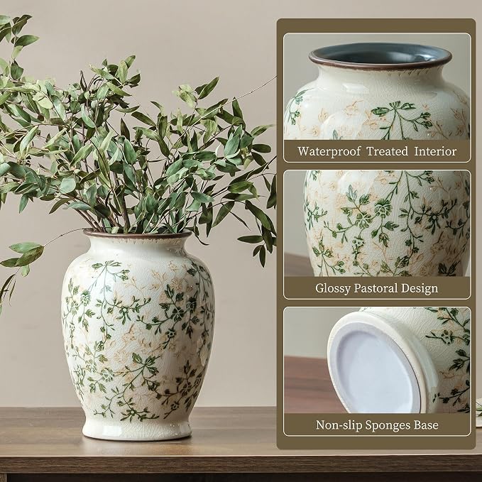Ceramic Flower Vase for Home Decor, Vintage Green Decorative Vase 8 Inch | Rustic Farmhouse Floral Vase for Wedding Centerpiece, Living Room, Kitchen, Coffee Table, Mantel, Bookshelf, Entryway