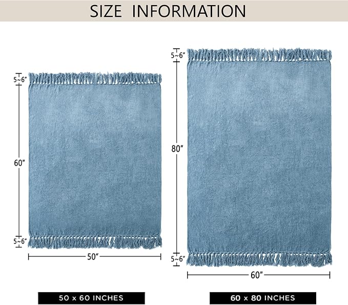 Chenille Throw Blanket for Couch 50" x 60", Dusty Blue | Soft Cozy Warm Throws with Fringe Tassel, for Living Room Bed Sofa Chair Cover, Lightweight Knitted Decorative Boho Blankets