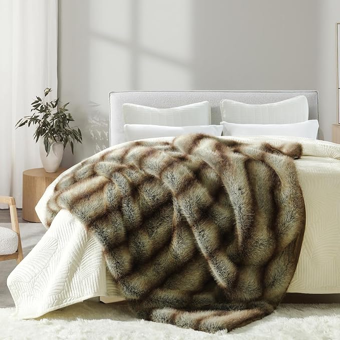 HORIMOTE HOME Luxury Faux Fur Throw Blanket for Couch, Non Shedding Reversible Striped Throw Blanket, 60x80 Inches Decorative Blankets for Bed, Brown Taupe Stripes