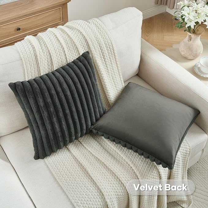 FUTEI Pack of 2 Faux Fur Throw Pillow Covers 18x18 Inch, Dark Grey | Fluffy Faux Rabbit Fur Front/Premium Velvet Back,Hidden Zipper,Machine Washable,Non-Shedding,Colorfast,Insert Not Included.