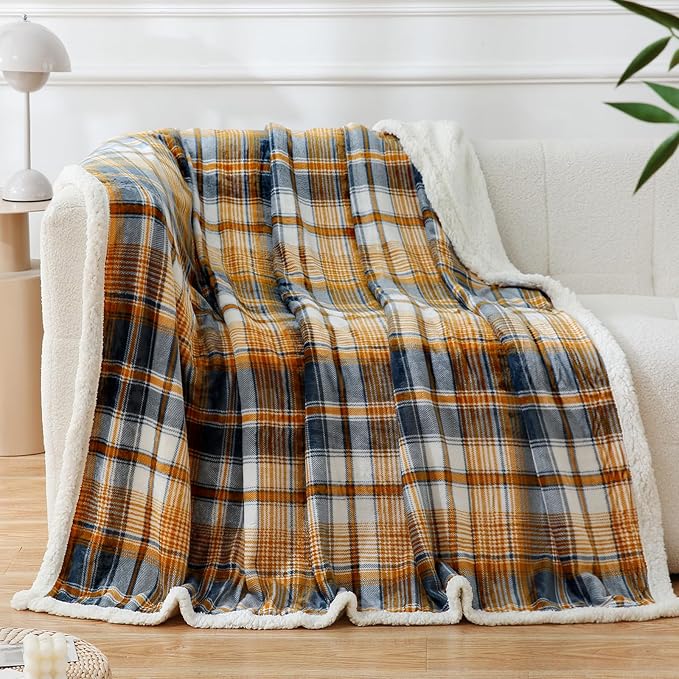 PU MEI Sherpa Blanket Queen Plaid Thick Bed Blanket, 80”*90” Super Soft Flannel Fuzzy Fleece Reversible Velvet Plush Warm Blanket for Couch (Blue Yellow Check)