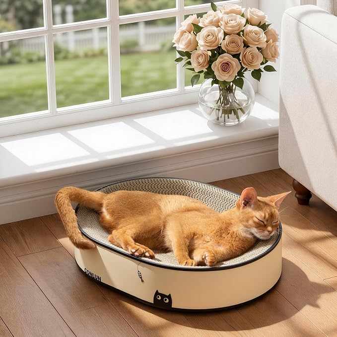 Conlun Oval Cat Scratcher Bed | Scratching Bowl Lounge for Kittens | Medium | Corrugated Cardboard Pad | Concave Shape | No Mess Enclosed Base | Serves as Couch Furniture Protector