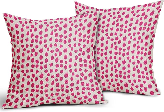 Hot Pink Cream Polka Dot Pillow Covers 22x22 Set of 2 Outdoor Modern Art Throw Pillows Boho Design Brush Strokes Decorative Pillowcase Square Cushion Cover Linen Pillow Case for Home Sofa Couch Bed