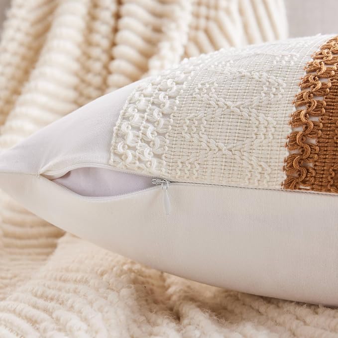 2pk Boho Pillow Covers 18x18, Natural White/Contrast/Caramel | 100% Organic Cotton Body, Stripe Embroidery, Farmhouse Decorative Cushion Covers for Sofa Bed Living Room Home Decor