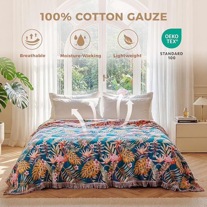 LUTBM Boho Throw Blanket for Bed 60"x80", All Season Cotton Couch Blankets | Reversible Leaves Birds Jacquard, All-Season Twin Lightweight Breathable Quilt, For Chair Sofa Bedroom Living Room