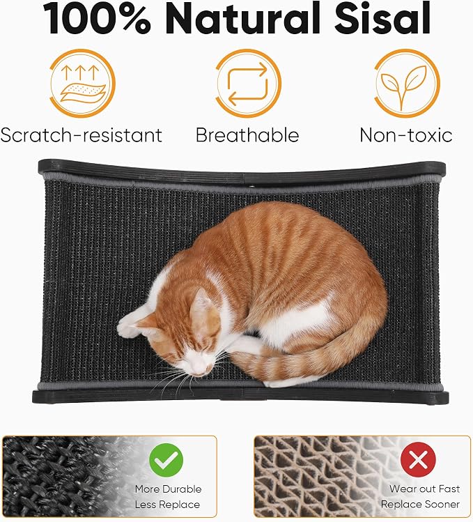 FUKUMARU Sisal Cat Scratcher Bed, Solid Wood Cat Hammock for Indoor Cats | 23.6 Inch Durable Scratching Bed, Large Cat Scratch Pad, Natural Sisal Hammock, Cat Lounger Scratcher for Sleeping (Black)