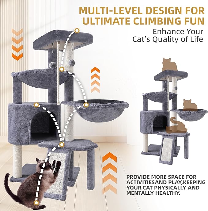 Three Layer Cat Tree with Cat Condo Scratch Pad and Two Hammocks,Grey | 3-Tier Cat Tree,Natural Sisal,Replaceable Hanging Balls,Sturdy Cat Furniture for Kitten&Adult Cat