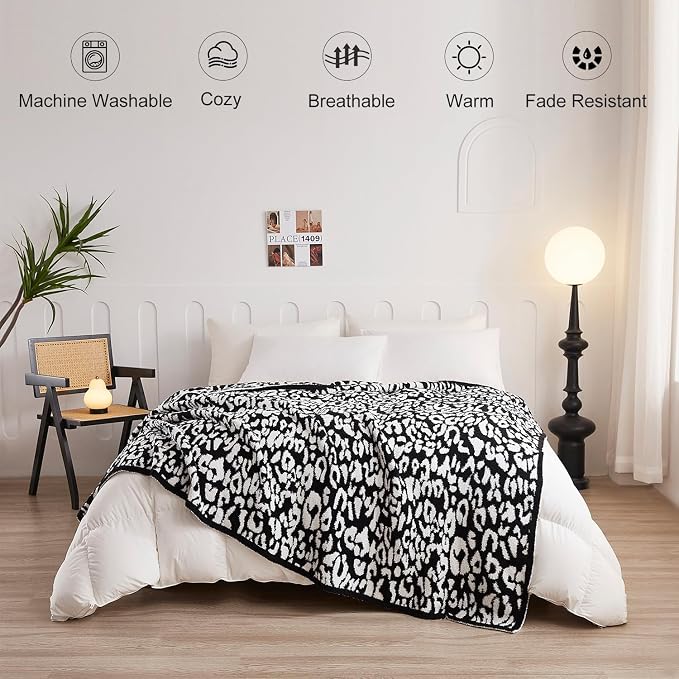MH MYLUNE HOME Ultra Soft Leopard Throw Blanket, Black White, 50"x60" | Reversible Cheetah Print Blanket, Comfy Fluffy Fuzzy Plush Blanket Throws for Couch Bed, Cozy Blankets for Women Gift