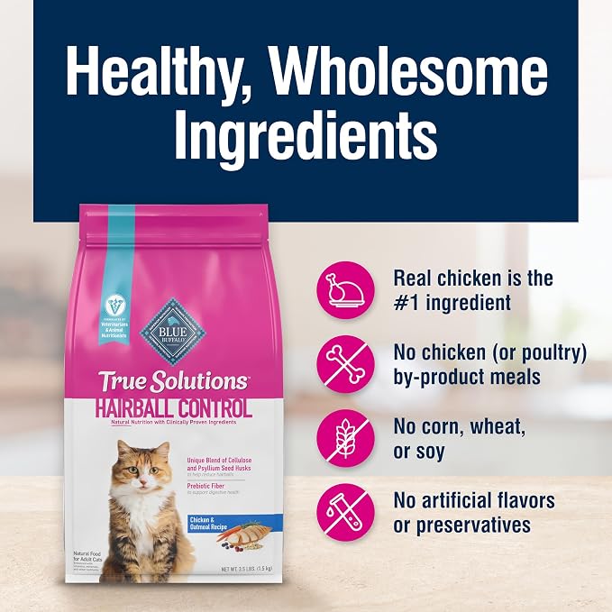 Blue Buffalo True Solutions Hairball Control Chicken Dry Cat Food, 11 lb | Adult Formula, Reduces Hairballs, Clinically Proven Prebiotic Fiber, Veterinarian Formulated