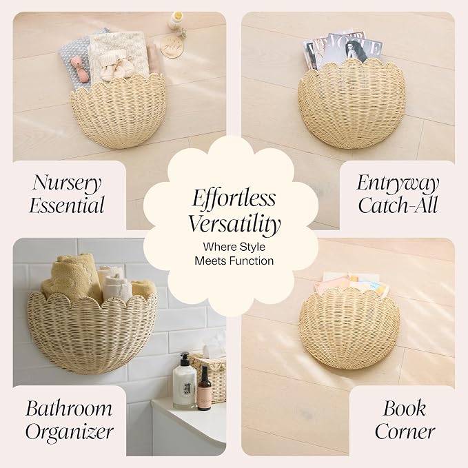 BEBE BASK The Original Scalloped Wicker Wall Basket – Set of 2 (16x10x7 In) | Handwoven Scalloped Wall Baskets, Rattan Wall Hanging Baskets, Wall Storage Basket for Nursery, Living Room Natural