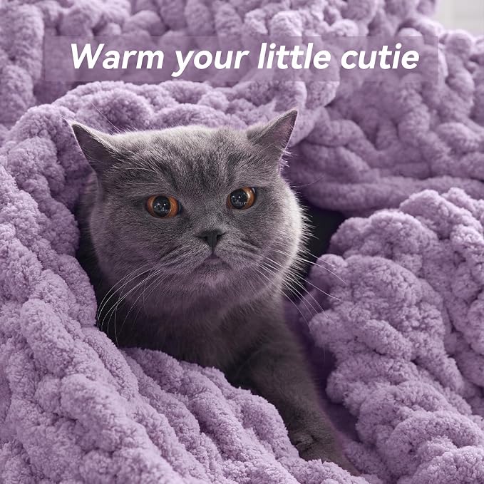 Negwoo Chunky Knit Throw Blanket, Knitted Throw Chenille Yarn, 80"*90" | Soft Thick Cable Knitted Blankets, Handmade Big Thick Blanket,Machine Washable Cute Comfy Blanket for Home Decor,Light purple
