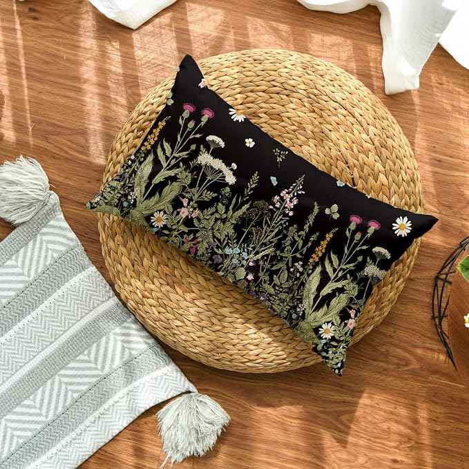 AVOIN colorlife Wildflowers Spring Black Throw Pillow Cover 12x20 Inch | Daisy Cushion Case Decoration for Home Sofa Couch