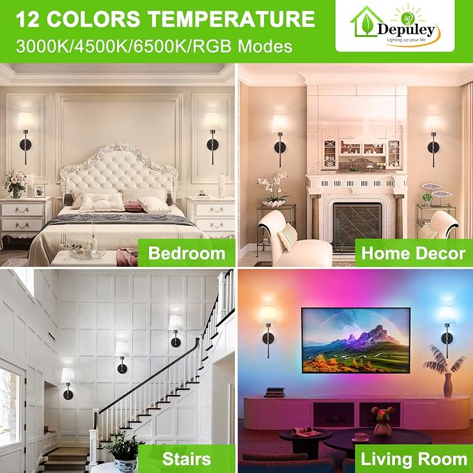 Depuley Battery Operated Wall Sconce: 19.9 Inch Set of 2 Wireless Wall Lights with Remote for Bedroom - Rechargeable 15 Colors Black Wall Lamp for Living Room Hallway Decor