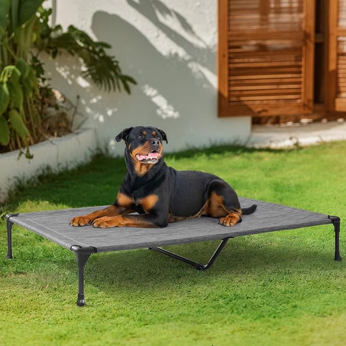 Veehoo Outdoor Elevated Dog Bed Large Sized Dogs, Cooling Raised Dog Cots | Off-ground training platform, portable camping hammock, breathable mesh, easy to clean, no-tool setup, 53"x37", Black Silver