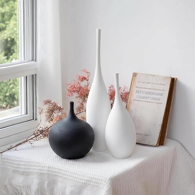 Relexome White Ceramic Vase Modern Wabi-Sabi Black Flower Vase Set of 3 Decorative Aesthetic Vases for Centerpieces Pampas Matte Minimalist Vases for Living Room Table Shelf Home Decor Gift
