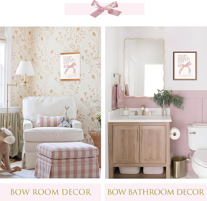 LARTSFRO Coquette Pink Bow Wall Art Decor Posters, Blush Pink Bow Room Bedroom Bathroom Dorm Wall Art Decor Aesthetic for College Teen Girls Gifts, Inspirational Bible Verses Bow Wall Decor, 10x8 Inch Set of 4 Pcs Bow Pictures (UNFRAMED)