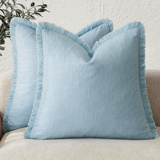 Foindtower Set of 2 Decorative Linen Fringe Throw Pillow Covers Cozy Boho Farmhouse Cushion Cover with Tassels Soft Accent Pillowcase for Couch Sofa Bed Living Room Home Decor,22×22 Inch,Light Blue