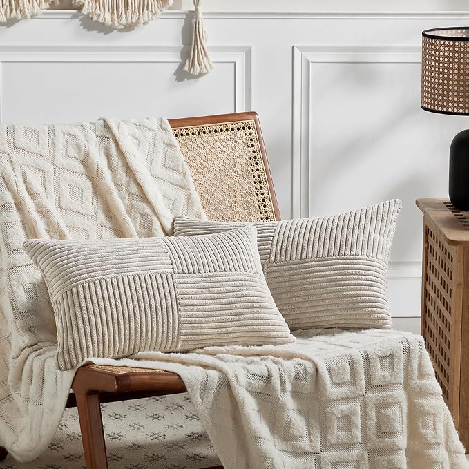 Fancy Homi Neutral Taupe Lumbar Decorative Throw Pillow Covers 12x24 Inch for Living Room Couch Bed Sofa, Farmhouse Home Decor, Soft Striped Corduroy Rectangle Accent Cushion Case 30x60 cm