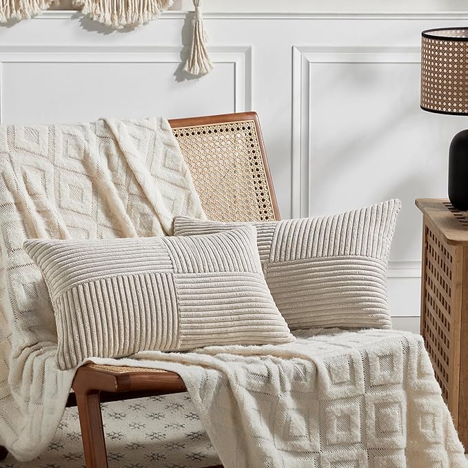 Fancy Homi Neutral Taupe Lumbar Decorative Throw Pillow Covers 16x32 Inch for Living Room Couch Bed Sofa, Farmhouse Home Decor, Soft Striped Corduroy Rectangle Accent Cushion Case 40x80 cm