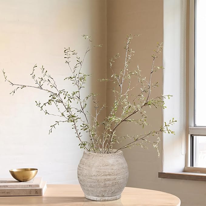Briful Rustic Vintage Ceramic Pottery Vase, 5.1'' Farmhouse Table Decor with Distressed Texture, Wide Mouth Decorative Jar Vases for Home Decor, Shelf & Entryway, Cream White