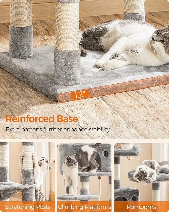 Feandrea Cat Tree, 55.8-Inch Cat Tower, Multi-Level Plush Condo with 11 Scratching Posts, 2 Perches, Hammock, Cave, Light Gray UPCT15W