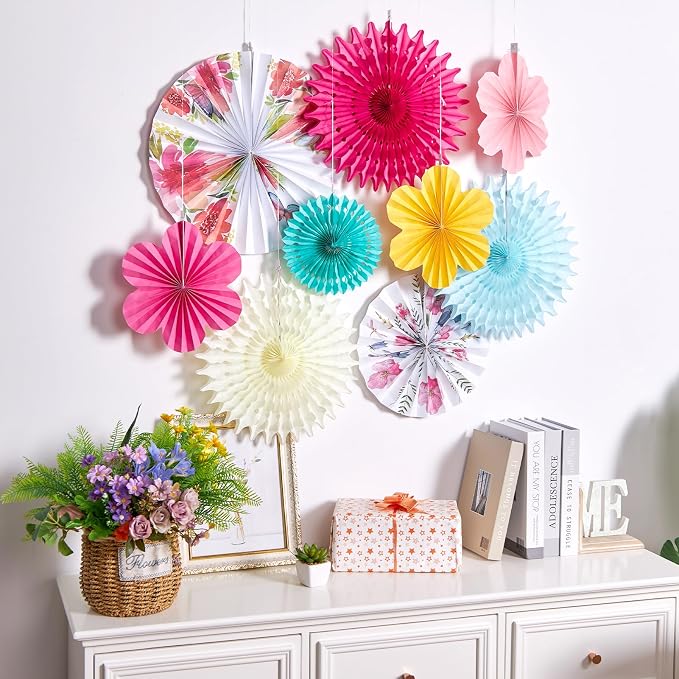 SUNBEAUTY Paper Flowers Decorations for Wall Tea Party Decoration Paper Fans Classroom Decoration Paper Floral Backdrop Decor for Valentines Day Mother's Day and Wedding, Set of 9