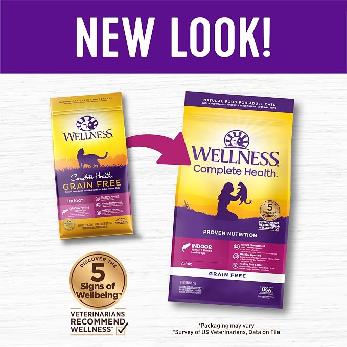 Wellness Complete Health Adult Dry Cat Food for Indoor Cats, Natural, Grain Free Kibble, Salmon and Herring Meal Recipe, 11.5 lb Bag