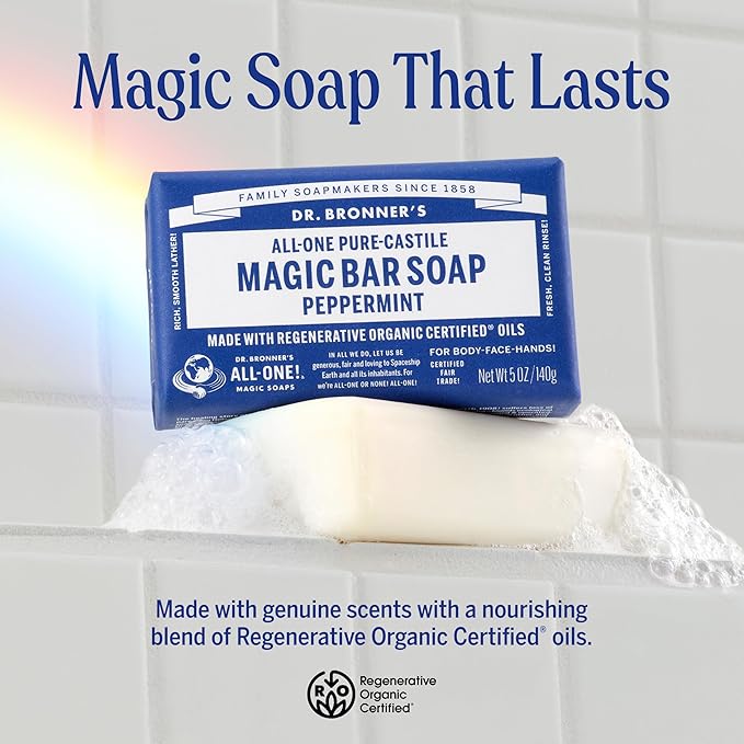 Dr. Bronner's Pure-Castile Magic Bar Soaps (Peppermint, 5oz, 2-Pack) – Made with Regenerative Organic Certified Oils, Soap Bars for Men & Women, Gentle for Face & Body, Vegan, Non-GMO