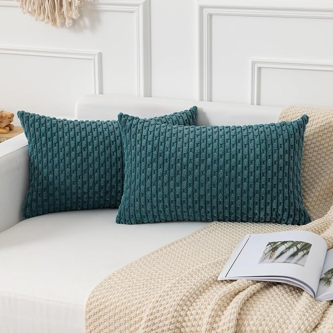 Kevin Textile Soft Corduroy 14"x24" Lumbar Pillow Cover 1 Pack, Teal Blue | Boho Stripe Plush Corduroy Decorative Oblong Cushion Cover Modern Farmhouse Home Decor for Sofa Couch Bed Chair