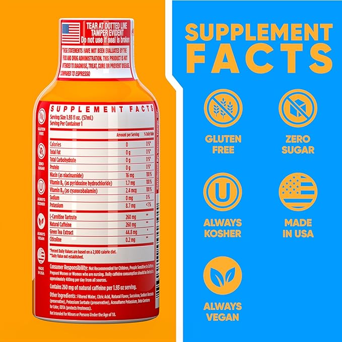 Vitamin Energy Immune+ Extra Strength Energy Shot Orange Burst 8 Pack, 260mg Natural Caffeine, B-Vitamins, Citicoline, Green Tea, Immunity & Focus Support, Zero Sugar, Gluten-Free 1.93 fl oz