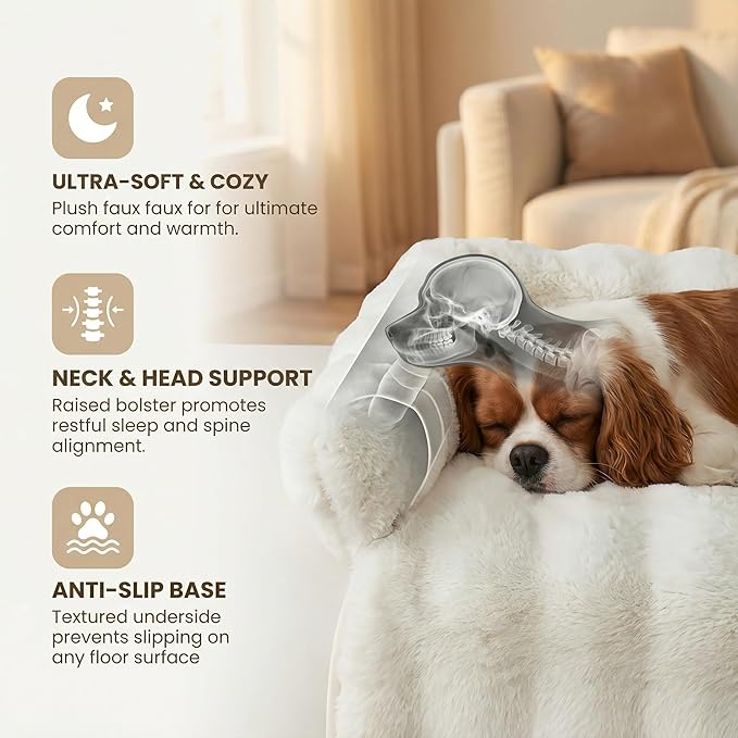 Calming Dog Bed for Couch, 29.5 x 29.5 inch, Dog Sofa Mat, Machine Washable | 3-Sided Bolster, Faux Rabbit Fur Plush, Non Slip Bottom, Water Resistant Furniture Protector for Small Medium Dogs & Cats