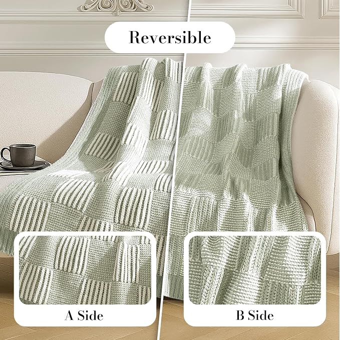 Knit Throw Blanket, Soft Chenille Cozy Breathable Dual Tone Checkered Chunky Decorative Blanket for Couch, Bed & Sofa, French-Inspired Lightweight Warm Gift for Women, Sage Green, 50"x60"