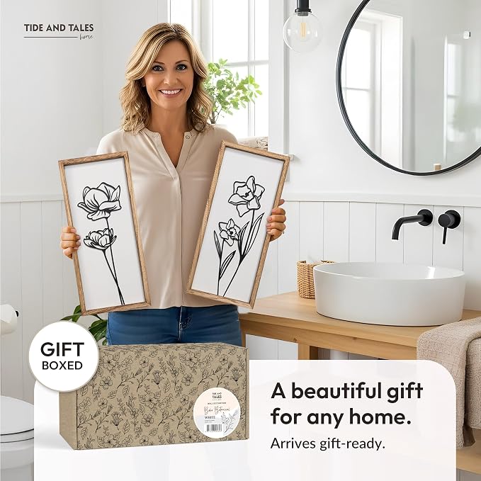 3D Black and White Wall Art (Set of 2) Lightweight, Wooden Ready-to-Hang Framed Floral Wall Art for Bathroom, Bedroom, Living Room or Office – Boho Botanical Farmhouse Decor – Gift-Boxed