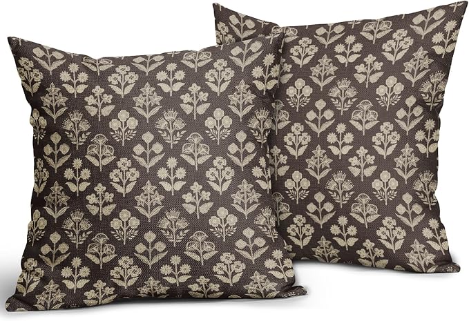 Dark Brown Floral Pillow Covers 22x22 Inch Set of 2, Vintage Flower Block Print Pattern Decorative Throw Pillowcases Outdoor Farmhouse Cushion Covers Spring Summer Rustic Sofa Couch Bed Decor