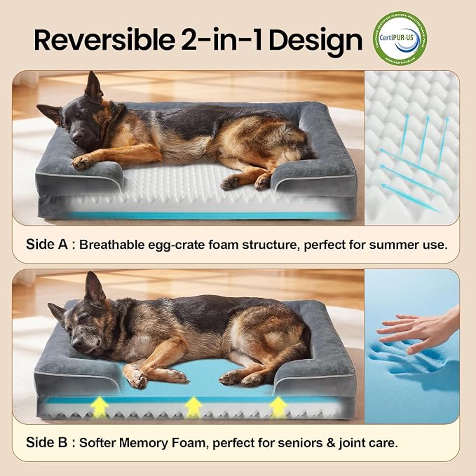 OhGeni Orthopedic Extra Large Dog Bed Couch,44x29x5.5Inch,Memory Foam(Gray) | Waterproof Pet Bed with Machine-Washable Removable Cover & Soft Comfortable Fabric