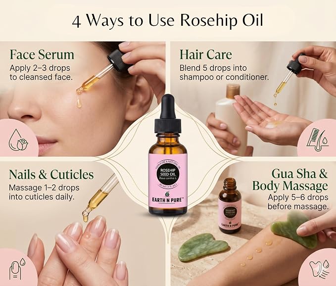 Earth N Pure Rosehip Seed Oil | 100% Pure Natural Cold Pressed Carrier Oil | Premium Quality for Face, Hair, Skin, Nails, Body Massage & DIY Beauty Care | Hexane Free | 50ml