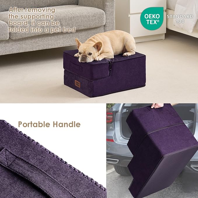 EHEYCIGA Dog Stairs for Small Dogs 13.5" H, 3-Step Dog Steps for Cats, Purple