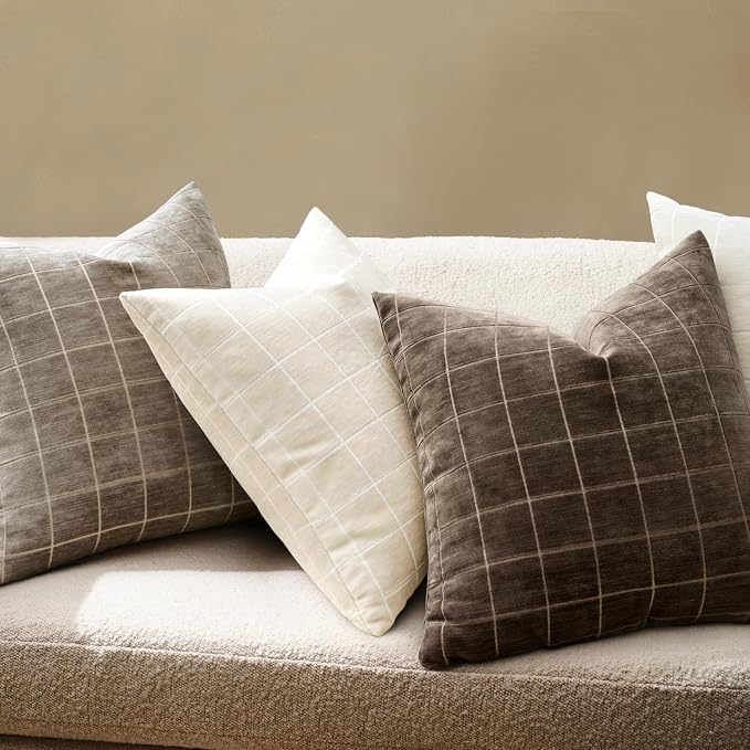 MIULEE Cream Plaid Decorative Lumbar Throw Pillow Covers 12x20 Set of 2 | Vintage, Check Chenille Couch Pillows, Neutral Boho Farmhouse Cushion Covers, Modern Home Decor for Sofa Bed Living Room