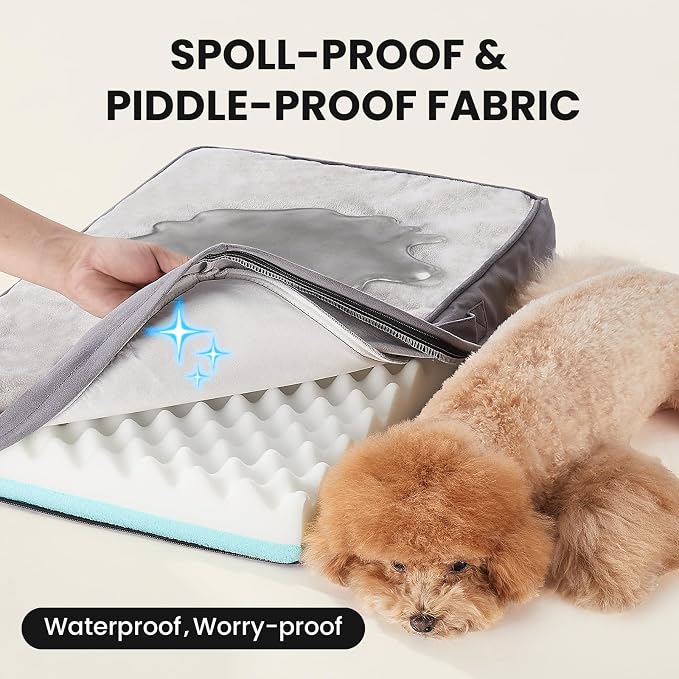 OhGeni Orthopedic Waterproof Small Dog Bed, Memory Foam, 24 inch(Gray) | Machine-Washable Removable Cover in Easy-Clean Fabric, Reversible Memory Foam & Easy-Carry Handle, Suitable for Crate