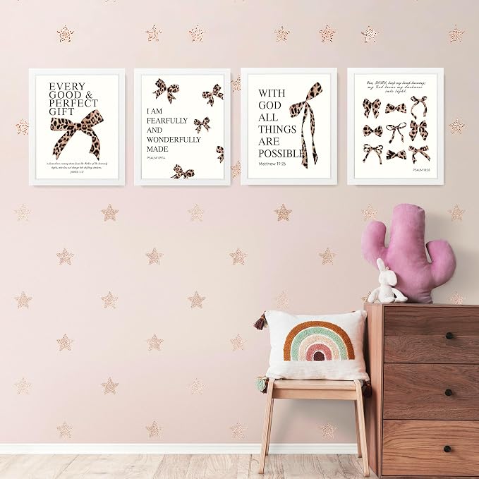 LARTSFRO Coquette Leopard Bow Wall Art Decor Posters, Y2K Cheetah Leopard Bow Room Bedroom Bathroom Dorm Wall Art Decor Aesthetic for College Teen Girls Gifts, Inspirational Bible Verses Bow Wall Decor, 10x8 Inch Set of 4 Pcs Cheetah Bow Pictures (WHIT...