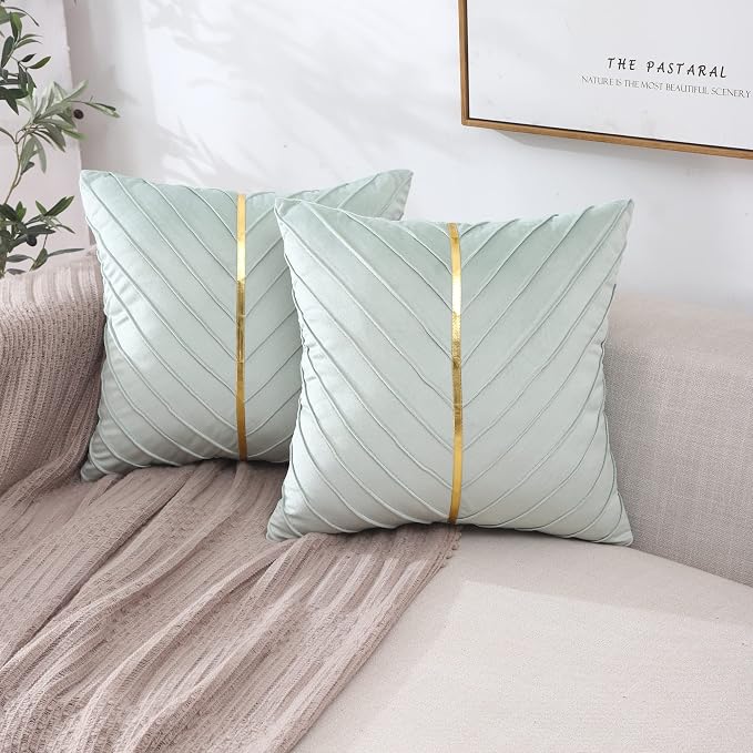 Velvet Throw Pillow Covers 18x18 Pack of 2 Gold Decor Mint Green | Soft Solid Pillow Covers,Modern Luxury Home Decor,for Couch Chair Sofa Bedroom Livingroom,Hidden Zipper,Ideal Gift,Easy Care