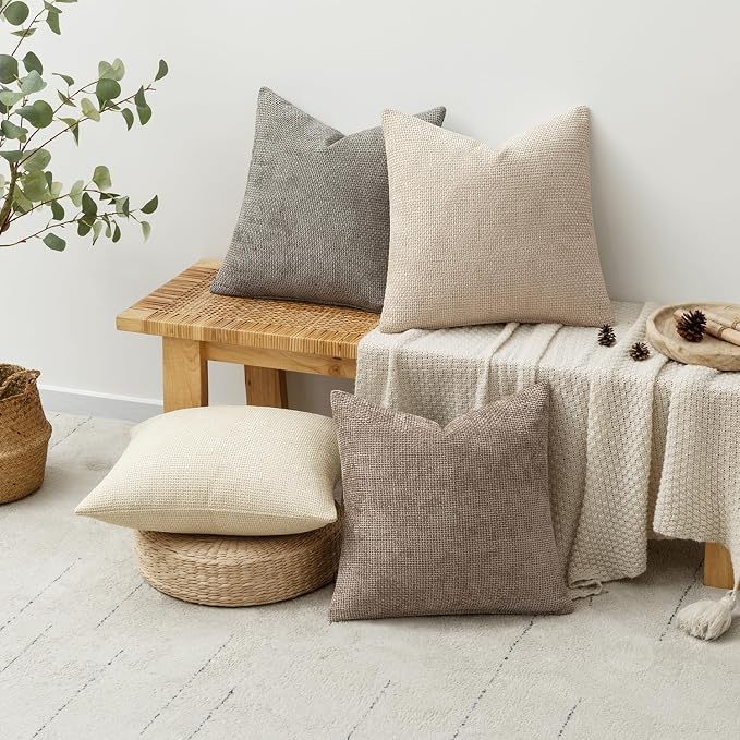 MIULEE Decorative Chenille Pillow Covers Neutral Beige 18x18 Pack of 4 | Modern Home Decor, Cozy Cream Collection, Couch Throw Pillows, Farmhouse Boho Cushion Covers for Sofa Bed Living Room