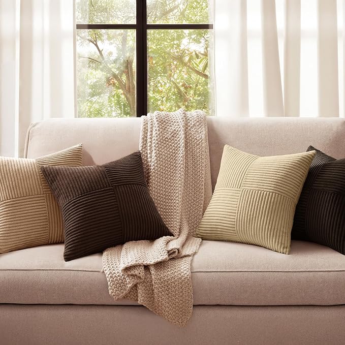 MIULEE Boho Decorative Throw Pillow Covers 20x20 Set of 4 Farmhouse Neutral Cushion Cases Gradient Corduroy Pillow Cases Modern Soft Corduroy Patchwork Home Decor for Couch Sofa Bedroom Dark Brown