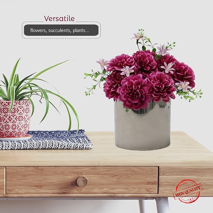WGVI Silver Ceramic Cylinder Vase Width 5.5" Height 5", Flower Arrangements, Candle Holder, Terrarium Planter Pot, Storage Container Organizer, Pen Brush Holder, Smooth Silver Tabletop Decor, 12 Pc