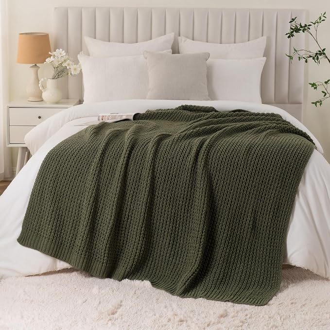Olive Green Throw Blanket for Couch, Waffle Knit Blanket Throw 50"x60" | Chunky Chenille Throw Blanket, Soft Dark Green Throw Blanket for Home Decor, Sofa, Men, Modern Farmhouse Knitted Style