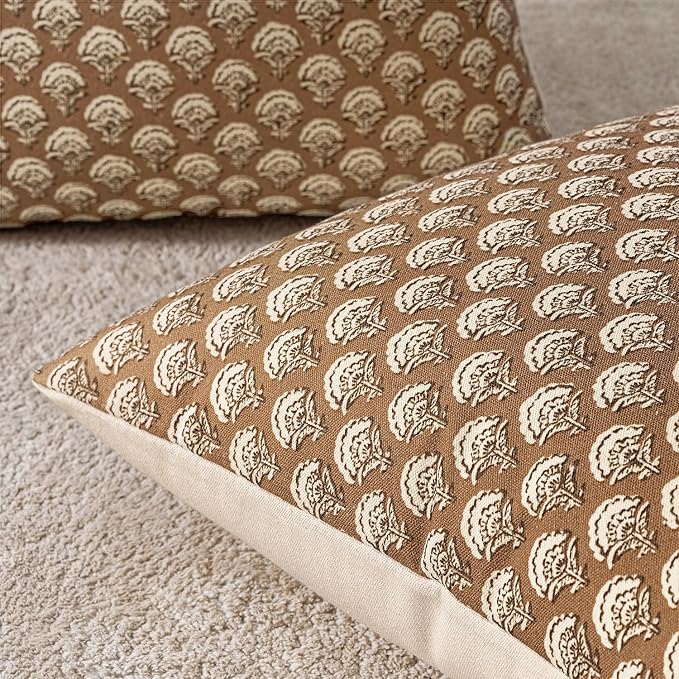 MIULEE Floral Print Decorative Pillow Covers 20x20, Cognac | Vintage Boho Farmhouse Modern Home Decor, Set of 2, Block Print Cushion Covers for Couch Sofa Bed Living Room